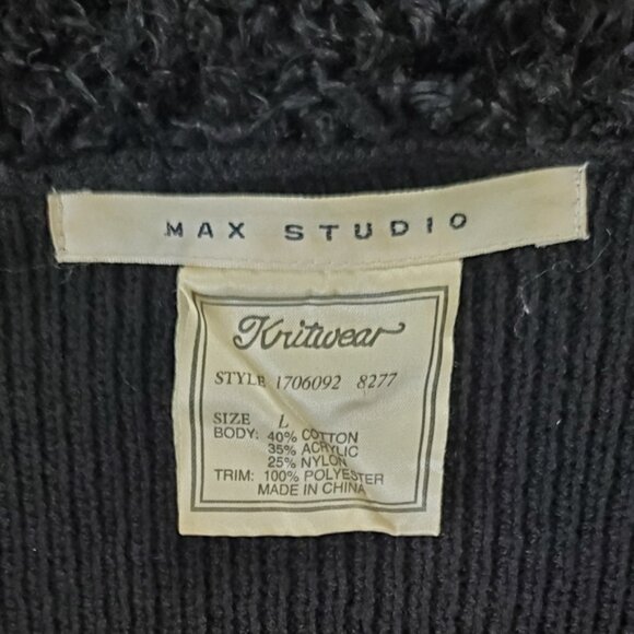 Max Studio Black Belted Cardigan Sweater Faux Fur Shawl Collar Cozy Knit Size L - Picture 5 of 7